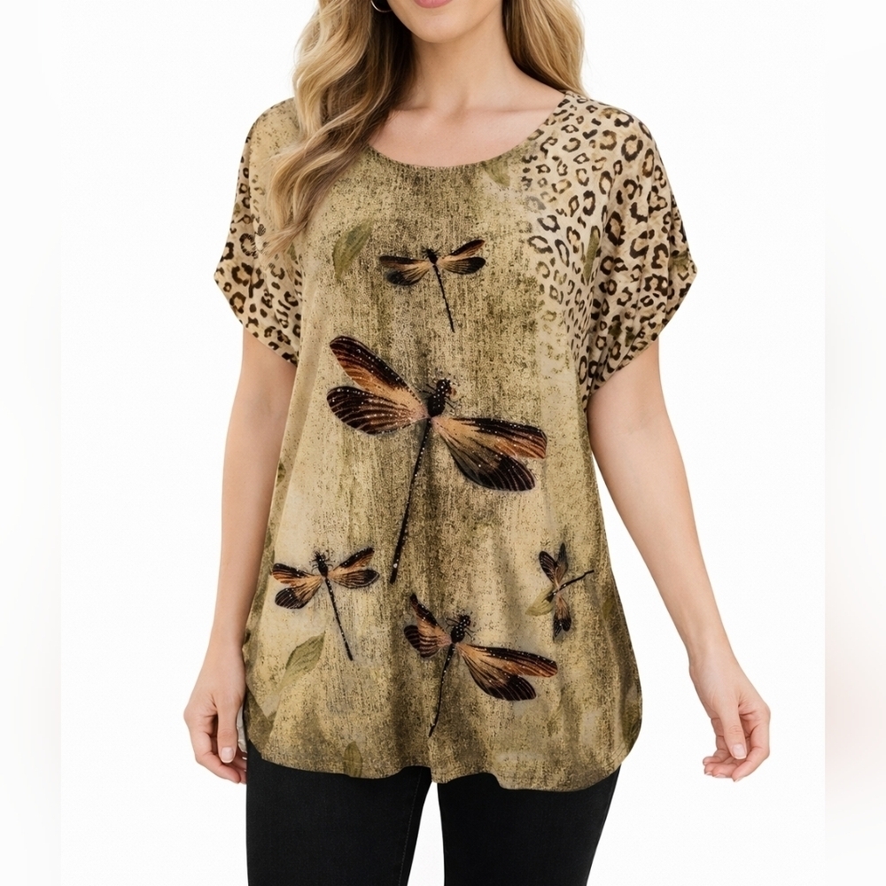 JVINI Olive Bedazzled Dragonfly Leopard Print Short Sleeve Festival Tunic